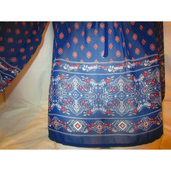 BLU PEPPER navy geometric peasant bead sheer blouse top WOMEN M - Picture 3 of 7